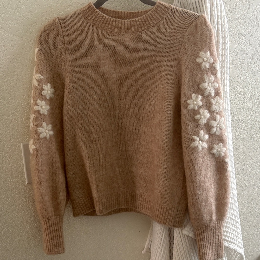 Sezane Brown Sweater with White Floral Details